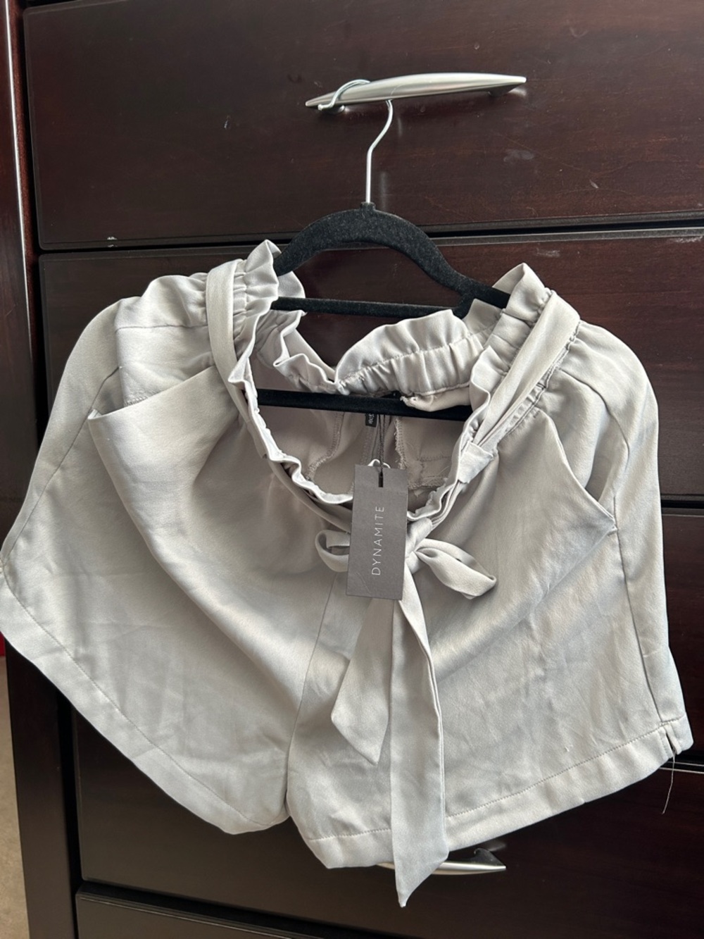 Dynamite Pale Gray Ruffle Tie-Waist Shorts